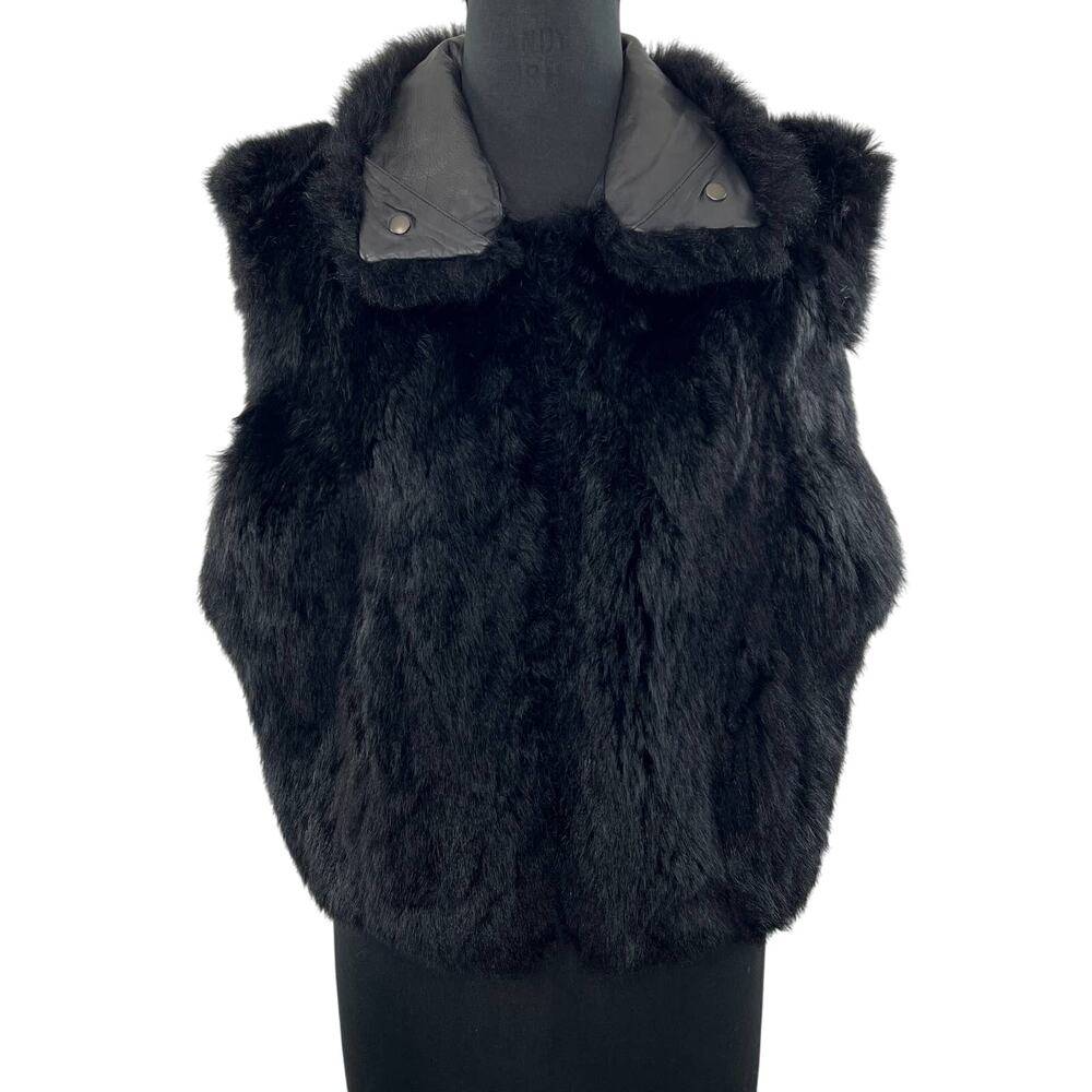 SEA DREAM Leather Vintage Black Fur Sleeveless Jacket Vest Cropped Short 40 M